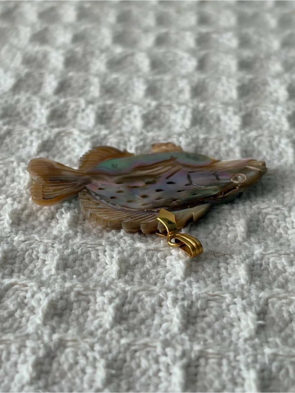 Vintage Carved Iridescent Abalone Shell Fish Pendant On A Gold Tone Bail
